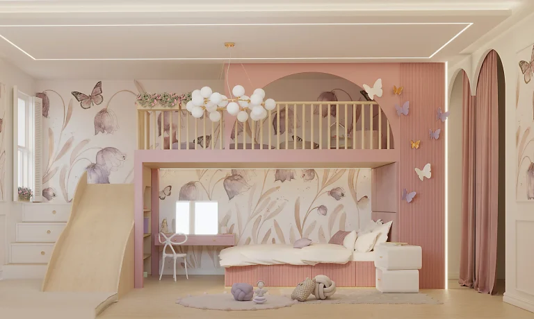 Kids bedroom playroom design with sleep, play and study areas in the UAE
