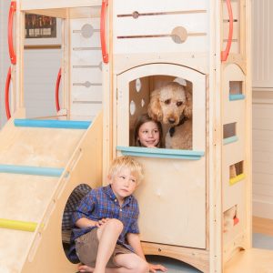 Toddler gym-style play equipment for indoor use.