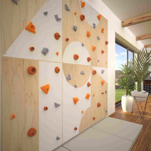Kids climbing wall with matching soft landing mat.
