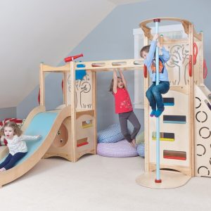 Toddler gym-style play equipment for indoor use.